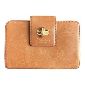 Henri Bendel Leather Wallet Brown Bifold Turn Lock Zip Side Two Compartment‎